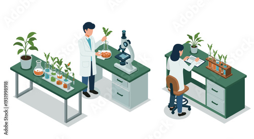 Isometric laboratory scene with scientists conducting plant experiments