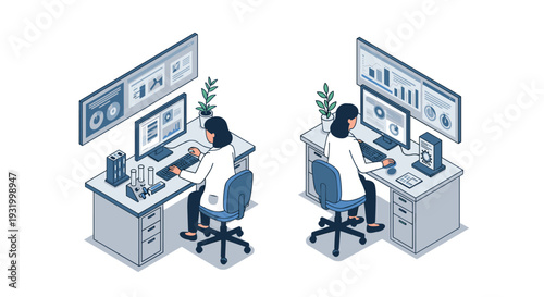 Isometric scientists analyzing data in modern laboratory workspace