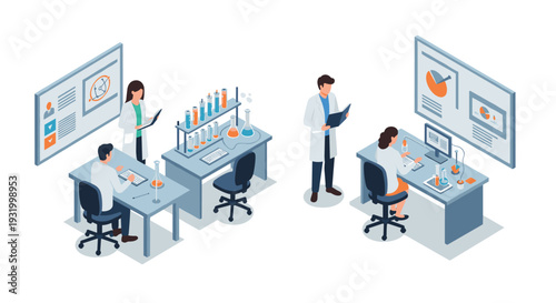 Modern isometric laboratory scene with researchers and scientific equipment
