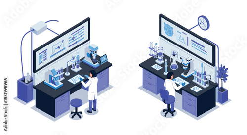Isometric lab environment with scientists and high-tech equipment in modern research facility
