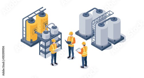 Isometric industrial engineers analyzing chemical tanks in safety gear