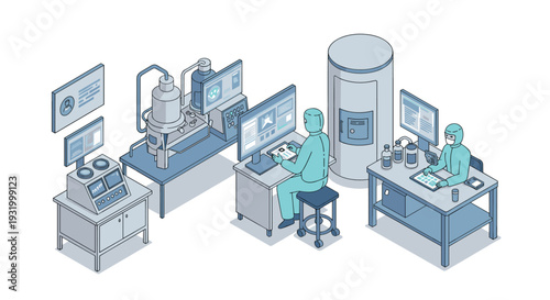 High-tech laboratory with scientists working on advanced equipment in isometric style