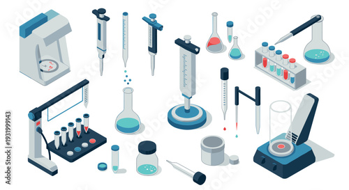 Isometric laboratory equipment set with modern scientific instruments for research and analysis
