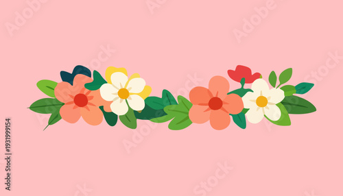 A vibrant floral arrangement of colorful flowers and lush green leaves on a soft pink background viewed from directly above