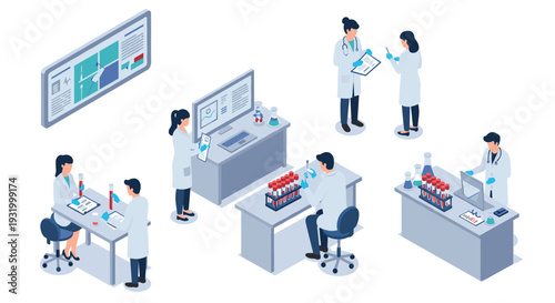 Medical laboratory researchers working on experiments in a modern isometric lab setting