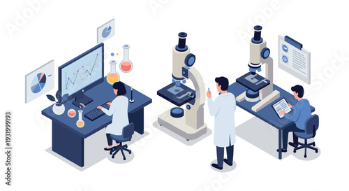 Isometric scientists analyzing data and samples in a modern laboratory setting