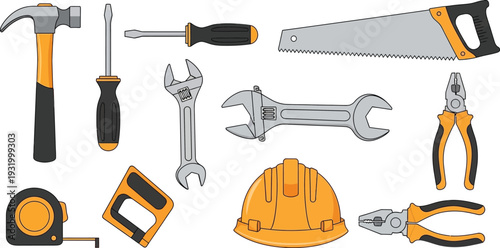 Collection of various construction tools and equipment for building and repair work one