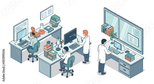 Isometric science lab with researchers and technology workspace collaboration