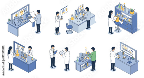 Isometric lab scenes with scientists engaged in experiments and research activities
