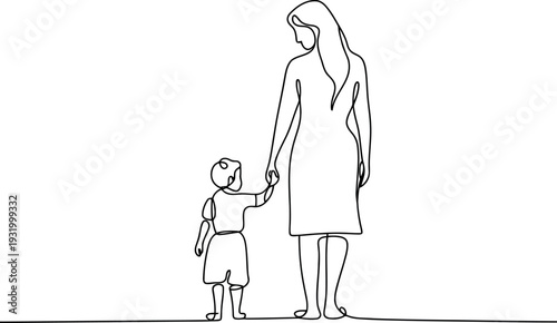 A mother holds the hand of her small child as they walk together. This continuous line drawing captures the tender bond and guidance between parent and child. 