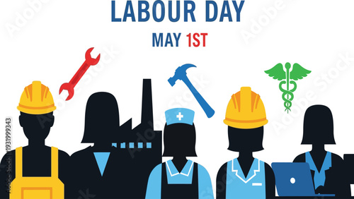 Labour Day May 1st celebration with various workers and tools icons