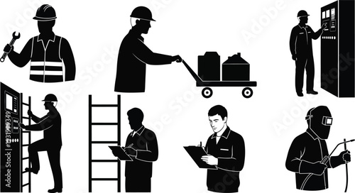 Set of workers in various industrial occupations and actions on white background