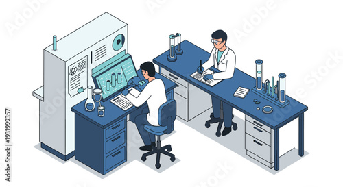 Isometric molecular research laboratory: scientists analyzing data at modern workstations