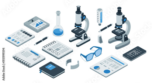 Isometric laboratory tools and equipment: microscope, beaker, and scientific documents