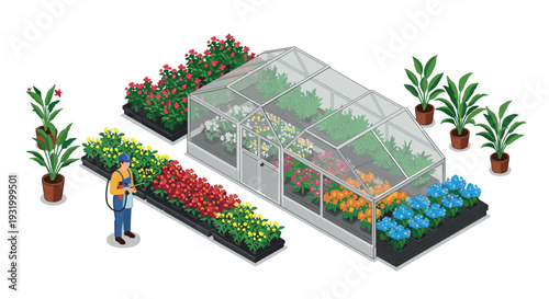 Isometric greenhouse garden with florist and vibrant blossoms