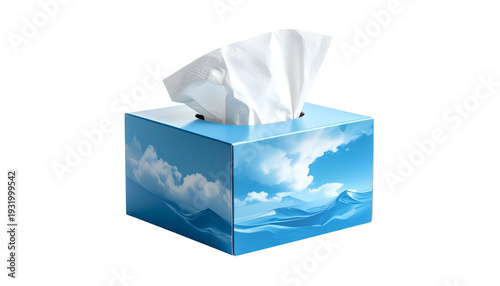 A tissue box with a blue sky and cloud design, white tissues emerging