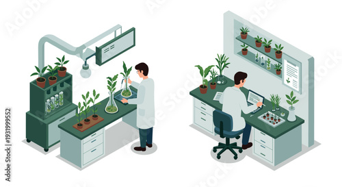 Isometric lab work: scientists analyzing plant growth in a modern laboratory