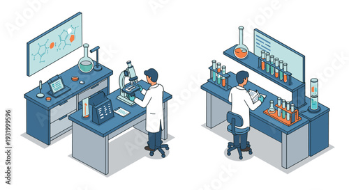 Isometric laboratory research scene with scientists and equipment in modern style