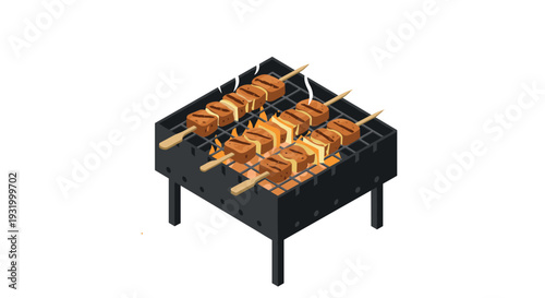 Isometric grilled kebabs on skewer over charcoal barbecue with smoke