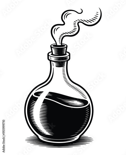 Round flask containing dark liquid emits wispy.