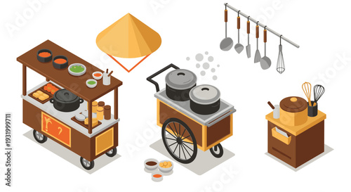 Isometric street food cart with cooking utensils and ingredients