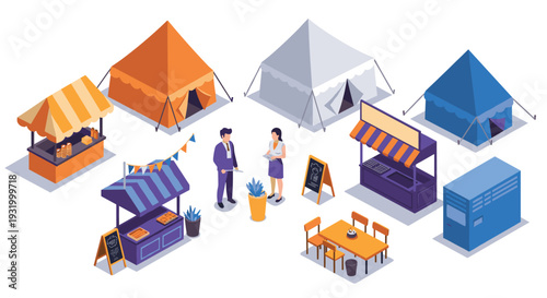 Isometric market stalls and tents with people and food vendors