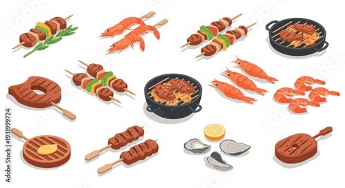 Isometric grilled food set: skewers, shrimp, steak, and oysters on white background