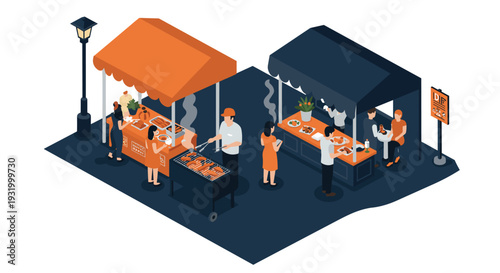 Vibrant urban food festival with street vendors and diverse cuisine in isometric style