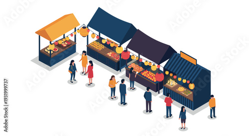 Isometric night market scene with food stalls and visitors