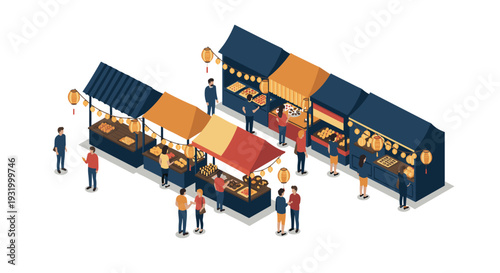 Isometric outdoor market with stalls and people in traditional asian setting