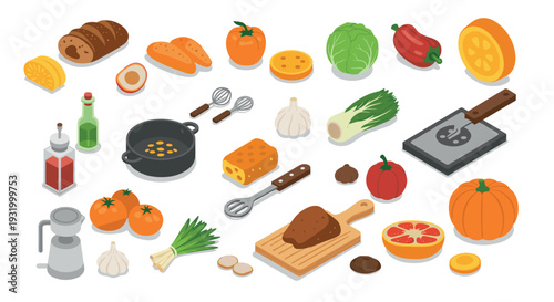 Isometric kitchen ingredients and utensils set for cooking inspiration