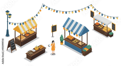Isometric farmers market with food stalls and string lights