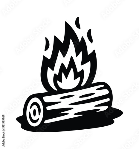 Campfire log icon burns brightly on white.