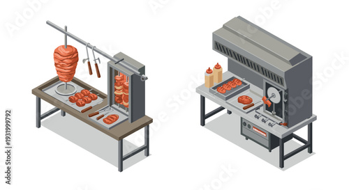 Isometric shawarma grill setup with slicing tools and condiments