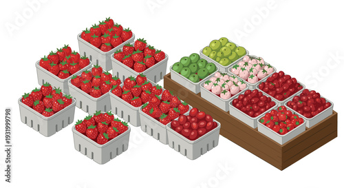 Colorful assortment of fresh berries in rustic wooden crates