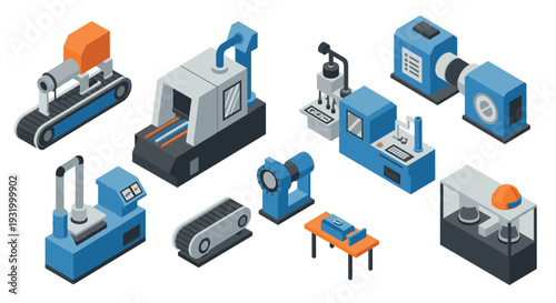 Isometric factory equipment set: industrial machines and tools collection