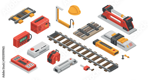 Isometric set of railroad construction tools and equipment in modern style