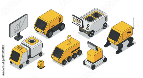 Futuristic isometric autonomous vehicles set with technology icons