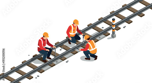 Isometric workers maintaining railway tracks with safety gear