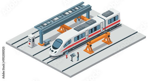 Modern train maintenance facility with engineers in isometric design