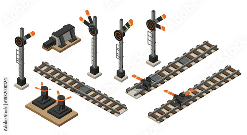 Isometric railway elements with tracks and signals for industrial design