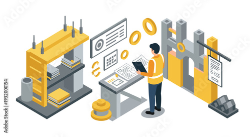 Construction project management concept with engineer in isometric design