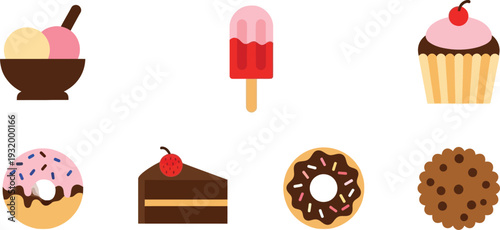 Colorful illustrations of various sweet treats and desserts on white background