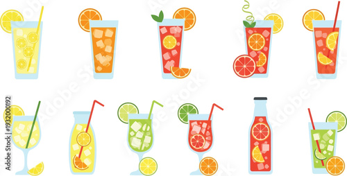 Colorful illustrations of various citrus cocktails with straws and slices  refreshing summer drinks