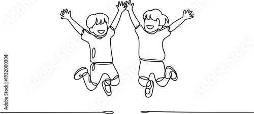 Two young children are shown jumping in the air with their arms raised high. Drawn in a continuous line style, the boys appear full of energy and joy. 