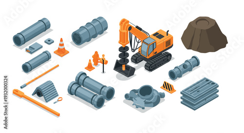 Isometric construction site equipment: excavator, pipes, traffic cones, and more