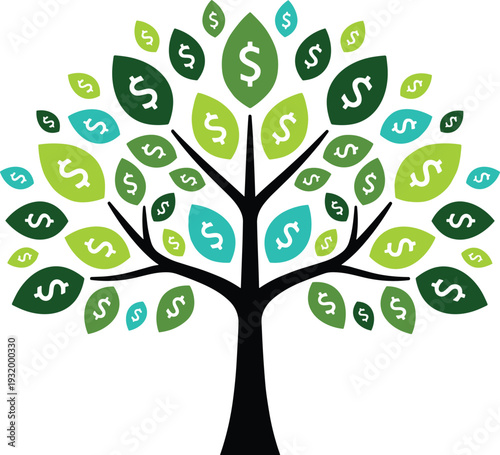 Abstract money tree vector illustration featuring black trunk and vibrant green leaves with dollar signs for financial growth, investment success, and wealth conceptual design