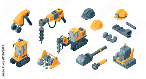Construction equipment set in isometric style featuring heavy machinery and safety gear