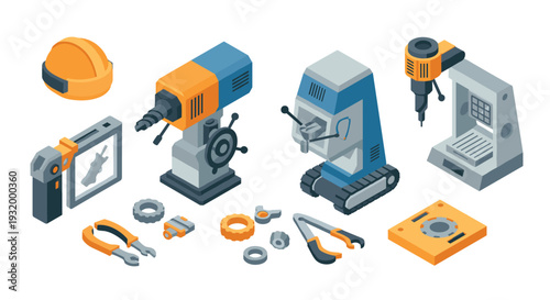 Isometric workshop tools collection featuring drill, helmet, and pliers for industrial design
