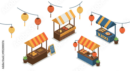 Outdoor market stalls with colorful lanterns and festive decorations in isometric design